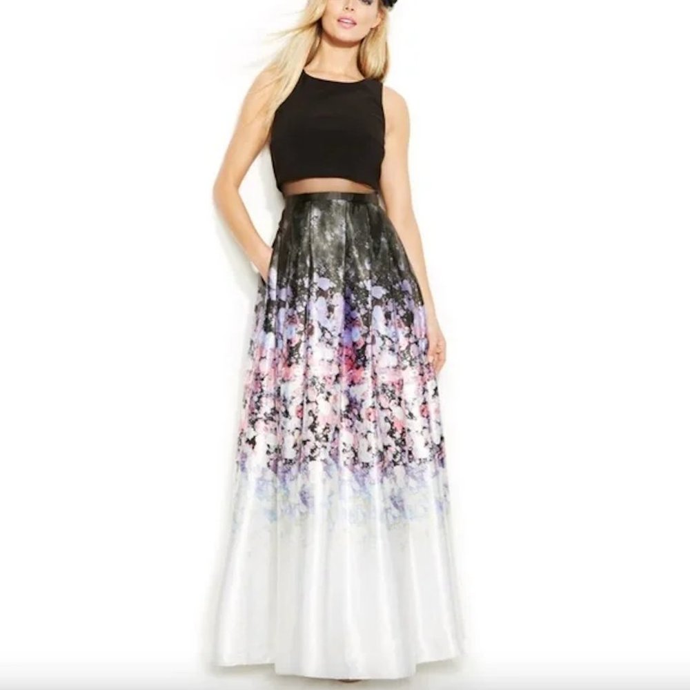 Betsy & Adam Black Crop Top with Ombre Floral Ball Gown Skirt